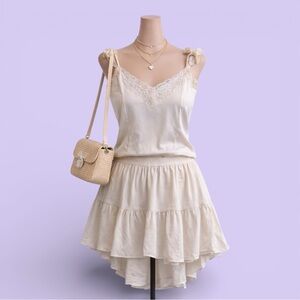 Vintage Cream Lace Bow Cami Top 90s Y2K Nylon Coquette Fairycore Bow Cropped